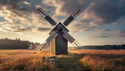 Fototapeta premium Rustic wooden windmill standing in a golden wheat field at sunset. Traditional vintage windmill under a dramatic cloudy sky. Old agricultural mill in a rural countryside landscape scene.