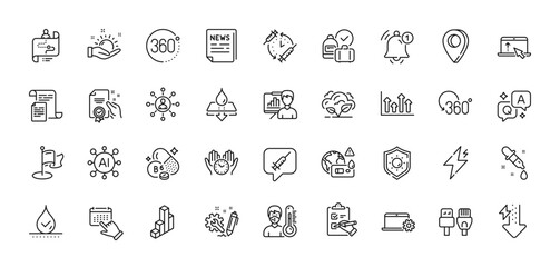 Vaccination schedule, Computer cables and Swipe up line icons pack. AI, Question and Answer, Map pin icons. Sun protection, Waterproof, Notebook service web icon. Vector