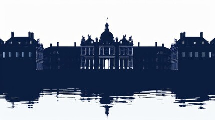  Silhouette of the Palace of Versailles with water reflection and ornate architecture in timeless black and white illustration