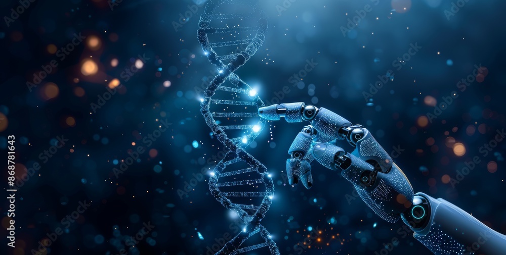 Poster futuristic robot hand touching dna molecule surrounded by sparkles and data particles