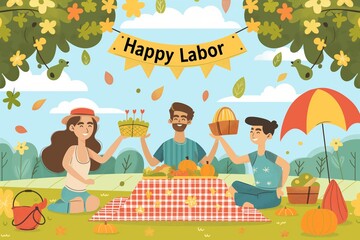 Fototapeta premium A group celebrates Labor Day picnicking joyfully in the park