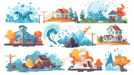 Obraz premium A set of cartoon illustrations depicting various natural disasters, including hurricanes, forest fires, flooding, earthquakes, and snow blizzards. Generative AI