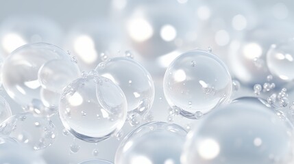 Close-up of white transparent drops liquid bubbles molecules