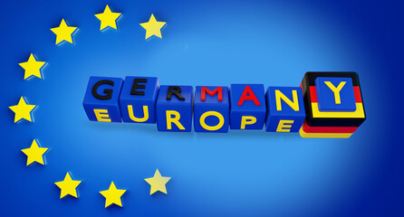 Cubes in blue and yellow of the EU with the inscription Germany and Europe, Germany and or Europa, Germany instead of Europe, laws and politics, political decisions