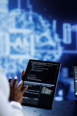Trained developer updates neural networks made up of interconnected nodes, writing intricate binary...