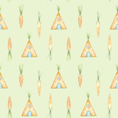 Seamless pattern with watercolor carrot house and carrots
