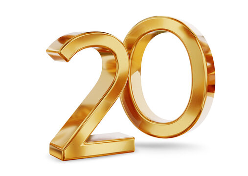 20 twenty golden, gold metallic, symbol isolated, 3d-illustration