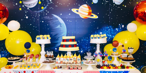 Outer space themed dessert table with balloons and cakes for a children's birthday party