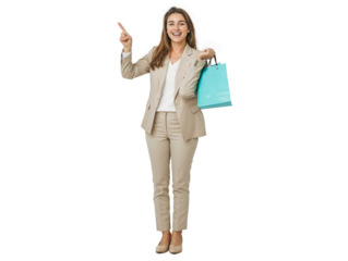 Mulher vestida socialmente com sacolas de compra apontando o dedo e sinalizando  para algo. Fundo transparente para uso editorial e em design