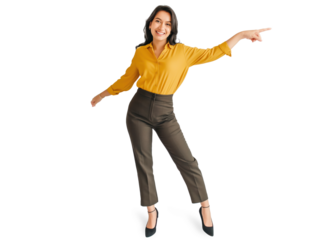 Mulher vestida socialmente apontando o dedo e sinalizando para algo. Fundo transparente para uso editorial e em design