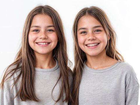 Meninas g&ecirc;meas id&ecirc;nticas em um fundo branco, sorrindo e se abra&ccedil;ando. Perfeita para cart&otilde;es de anivers&aacute;rio, convites, p&ocirc;steres e qualquer outro projeto que celebre a irmandade e o amor.