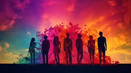 Fototapeta premium Coloful group of unrecognizable people. Concept of mental, emotional and behavioral divergence. Creative people out of the norm. Imaginative human silhoutte creating their own dreams. 5 persons.