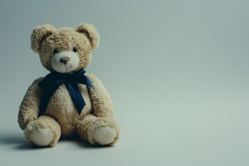 Obraz premium A cute teddy bear with a blue bow sits on a white surface, Copy Space
