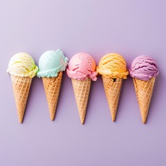 Colorful pastel ice cream scoops arranged in a cone shape on a light purple backdrop.