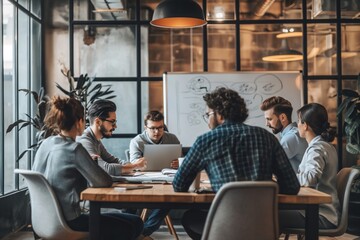 In a room, a gathering of individuals is seated around a table, engaged in a meeting, possibly discussing various topics or making decisions together