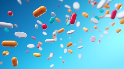 Colorful pills and capsules falling on blue background