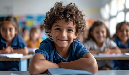 Smiling student in classroom with classmates during lesson
