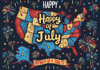 Happy 4th of July celebration with patriotic USA map and fireworks