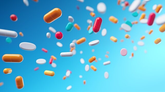 Colorful pills and capsules falling on blue background