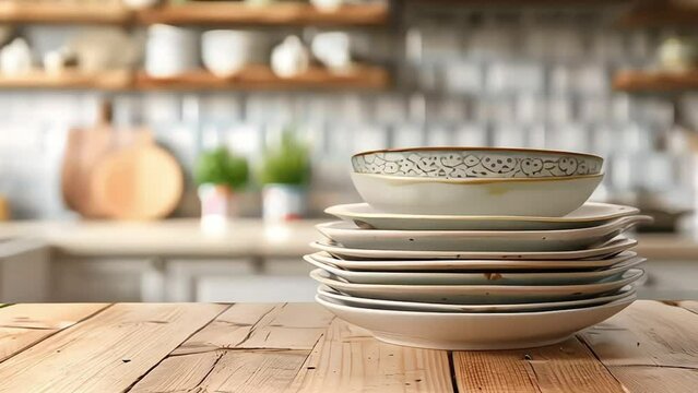 Stacks of clean white dishes on a kitchen counter