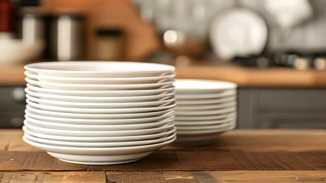 Stacks of clean white dishes on a kitchen counter