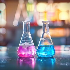 Two beakers in a chemistry lab contain different chemical solutions, creating a colorful and scientific backdrop.