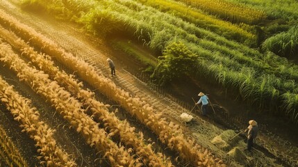 A documentary image of farmers in fields highlights the natural beauty and harmony of their toil and environment.