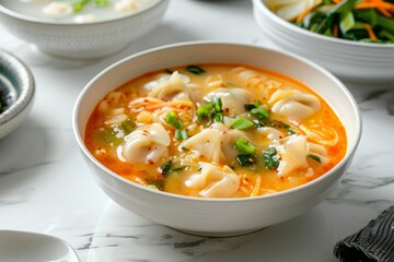 Korean dumpling and rice cake soup on a white marble table