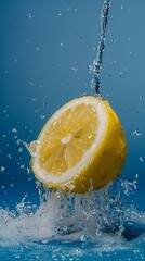 lemon shaped washing head with water pouring out of it, blue background, high resolution photography