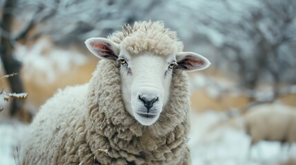 Obraz premium A sheep is standing in the snow with its head up. The sheep is white and has a fluffy coat