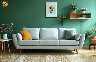 Modern living room with light gray sofa and vibrant green plants