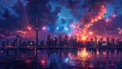 Fireworks Display Over a City Skyline