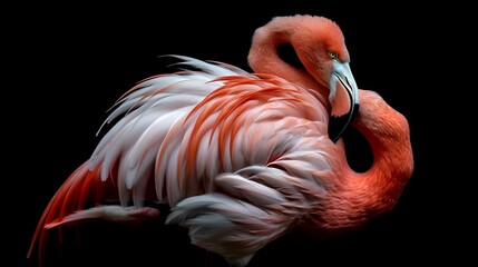 A flamingo is standing on a black background. The flamingo is pink and white