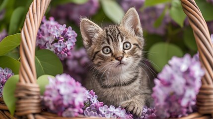 A cute kitten is sitting in a basket of purple flowers. The kitten is looking up at the camera, and the scene has a warm and inviting mood