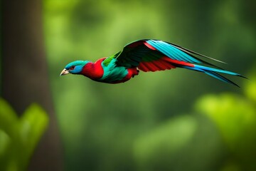 Naklejka premium Flying Resplendent Quetzal, Pharomachrus mocinno, Savegre in Costa Rica, with green forest in background. Magnificent sacred green and red bird. Action flight moment with Resplendent,,,