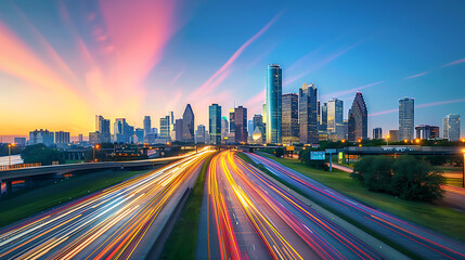 Obraz premium a captivating long-exposure photograph of a bustling cityscape during twilight. Vibrant light trails from moving traffic streak across the road