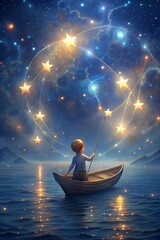A child in a boat reaches for stars in a magical night, symbolizing adventure and aspiration