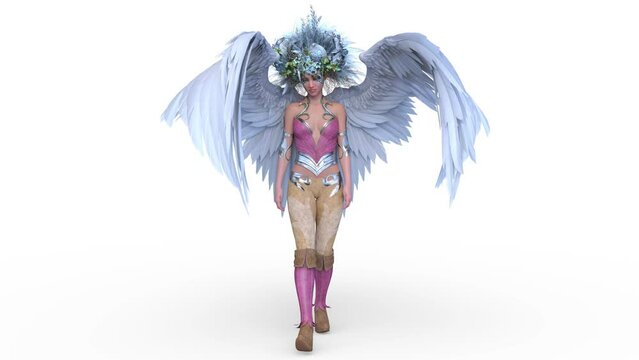 うつむいて歩く花冠を付けた妖精　3DCGレンダリング