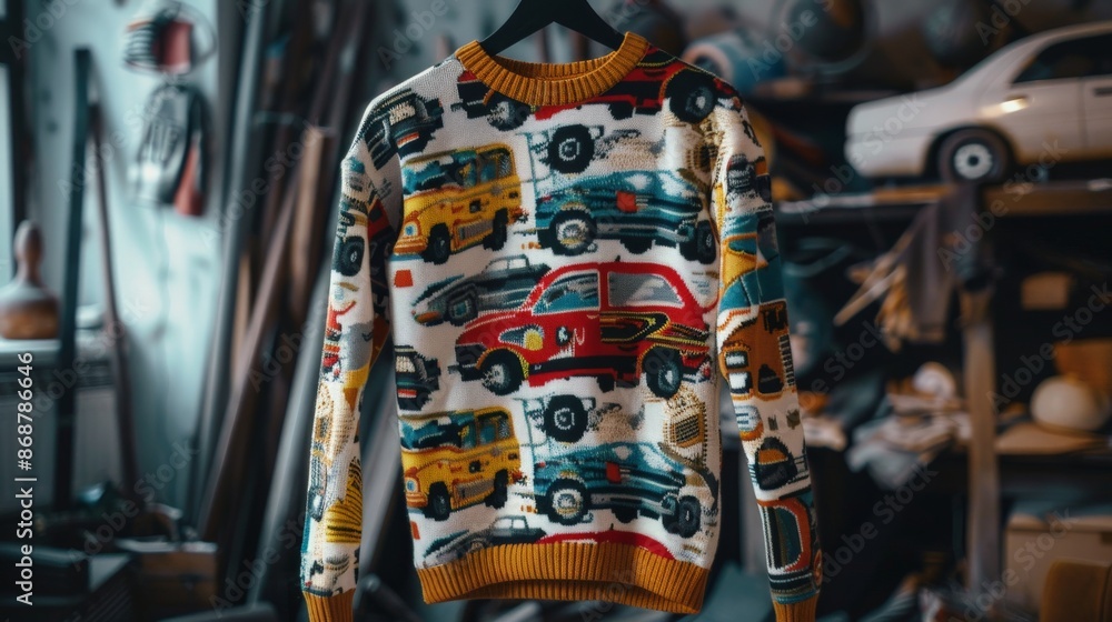 Poster a close-up of a colorful knit sweater with a car pattern hanging in a workshop
