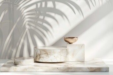 Elegant marble table with plant shadow white wall and stone podium for product placement in a trendy