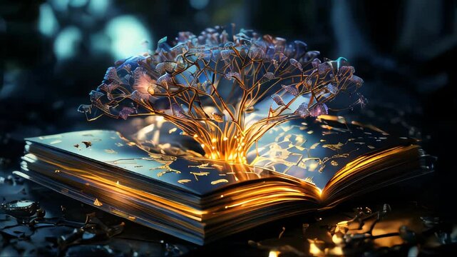 A glowing, high-tech tree in the shape of a human brain grows from a book. Concept of intelligence knowledge and education