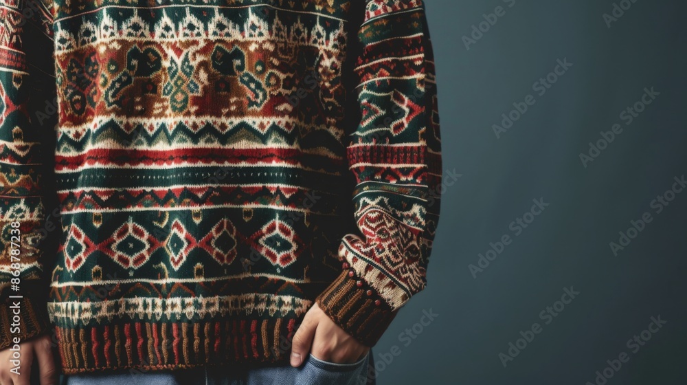 Poster a close-up of a person wearing a colorful sweater with intricate patterns