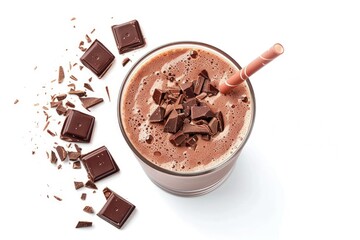 Fresh chocolate milkshake isolated on white background top view