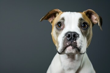 Fototapeta premium Funny American bulldog posing on gray background