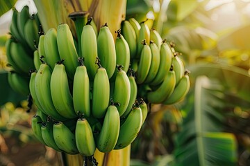 Green bananas growing on trees in Tenerife banana plantations in Spain