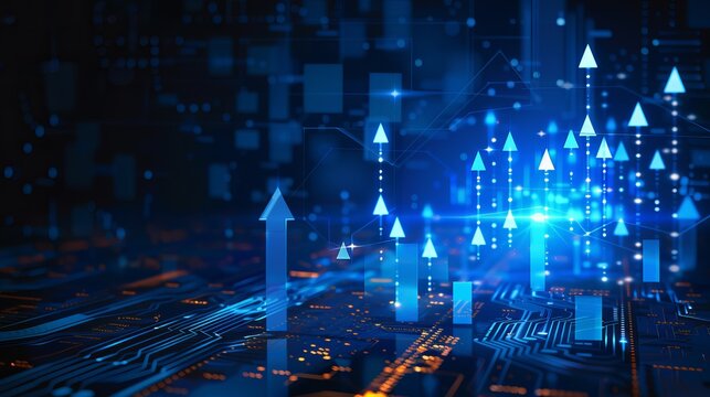 Illustration of a business arrow showing upward growth line and circuit technology on a dark blue background Depicts business investment towards success financial data graphs and