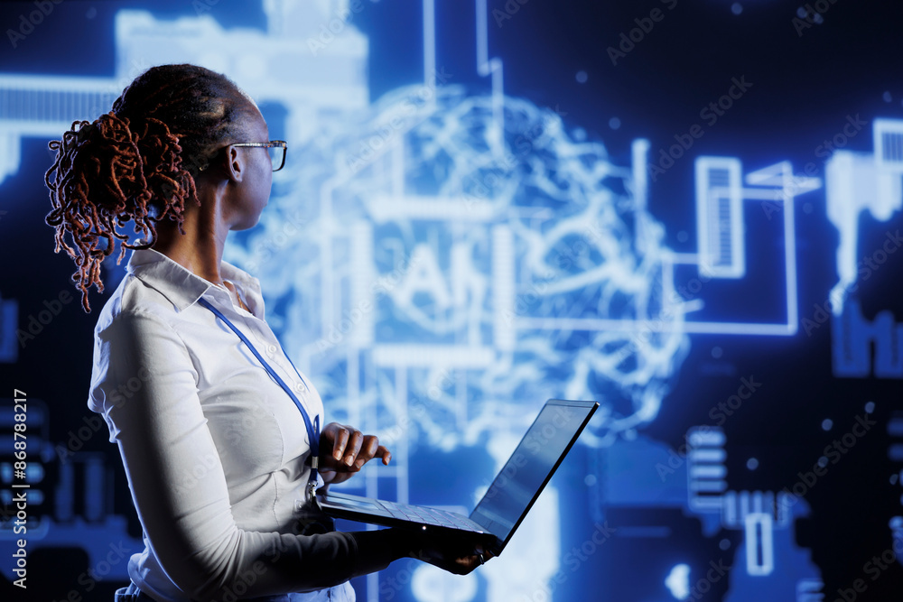 Fototapete it consultant uses laptop to develop artificial intelligence neural networks nodes modeled after hum