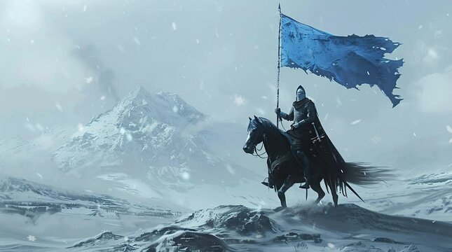 Medieval knight riding horse with blue flag atop a hilltop
 Seamless looping 4k time-lapse virtual video animation background. Generated AI