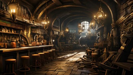 Wine bar tavern with wooden oak barrels with beer and wine