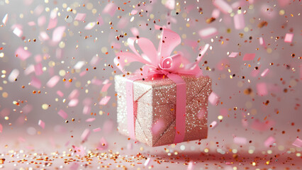 Fototapeta premium Luxury gift box with a pink ribbon bow floating in the air on a festive birthday pink background with confetti; perfect for a party or birthday celebration, festive card